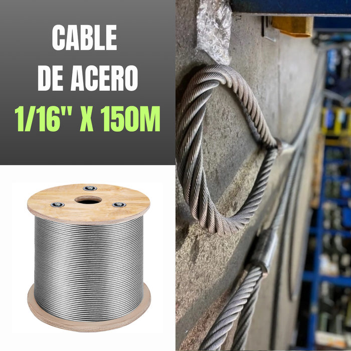 CABLE DE ACERO INVERNADERO 1/16" X 150m 7x7 + ACCESORIOS