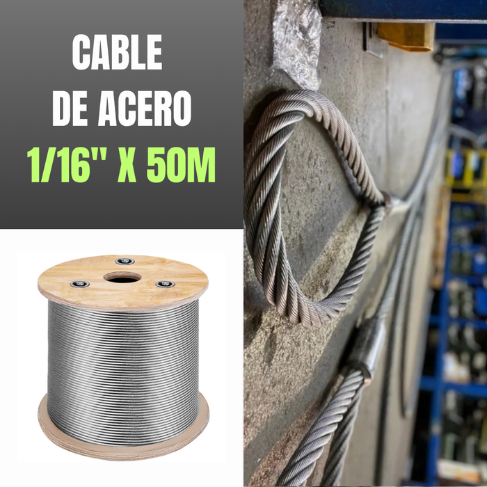 CABLE DE ACERO INVERNADERO 1/16" X 50m 7x7 + ACCESORIOS