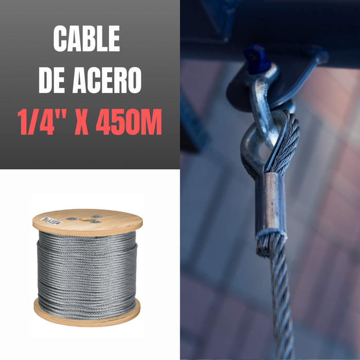 CABLE DE ACERO INVERNADERO 1/4" X 450m 7x7 + ACCESORIOS