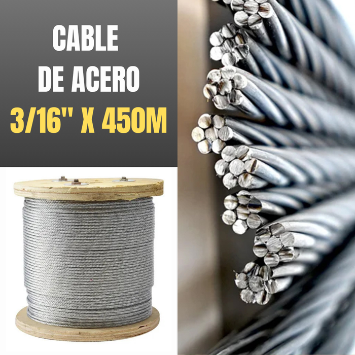 CABLE DE ACERO INVERNADERO 3/16" X 450m 7x7 + ACCESORIOS