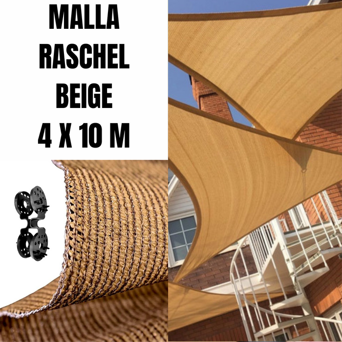 MALLA RASCHEL BEIGE 4 X 10 M / 90% SOMBRA + OJILLOS SUJETADORES