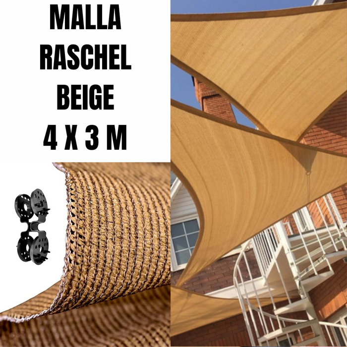 MALLA RASCHEL BEIGE 4 X 3 M / 90% SOMBRA + OJILLOS SUJETADORES