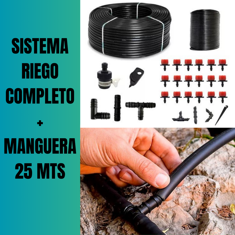 SISTEMA DE RIEGO ROJO COMPLETO X GOTEO + MANGUERA + TUBÍN 25M #004