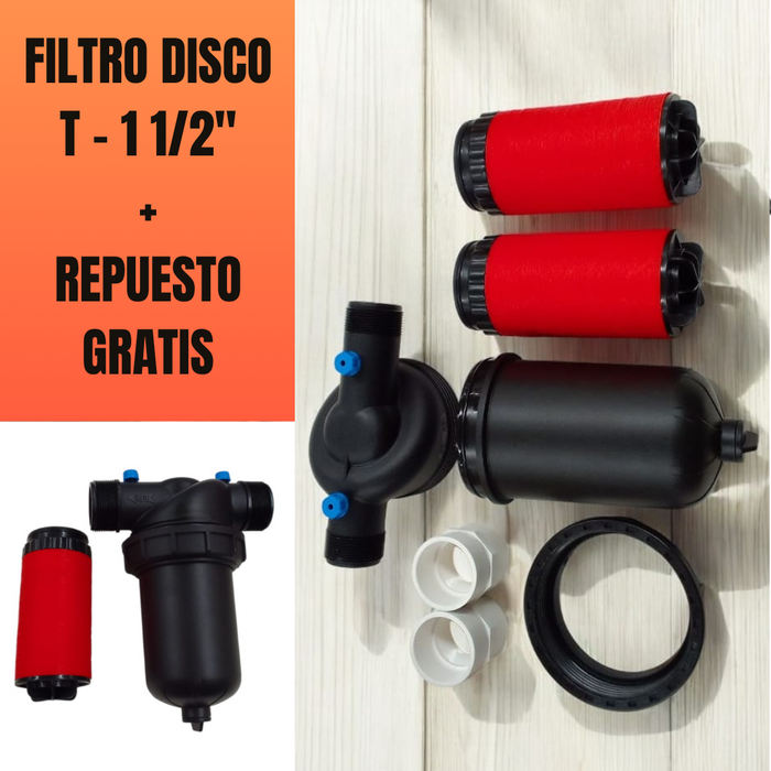 FILTRO DISCO TEE 1 - 1/2" + ADAPTADORES + REPUESTO EXTRA
